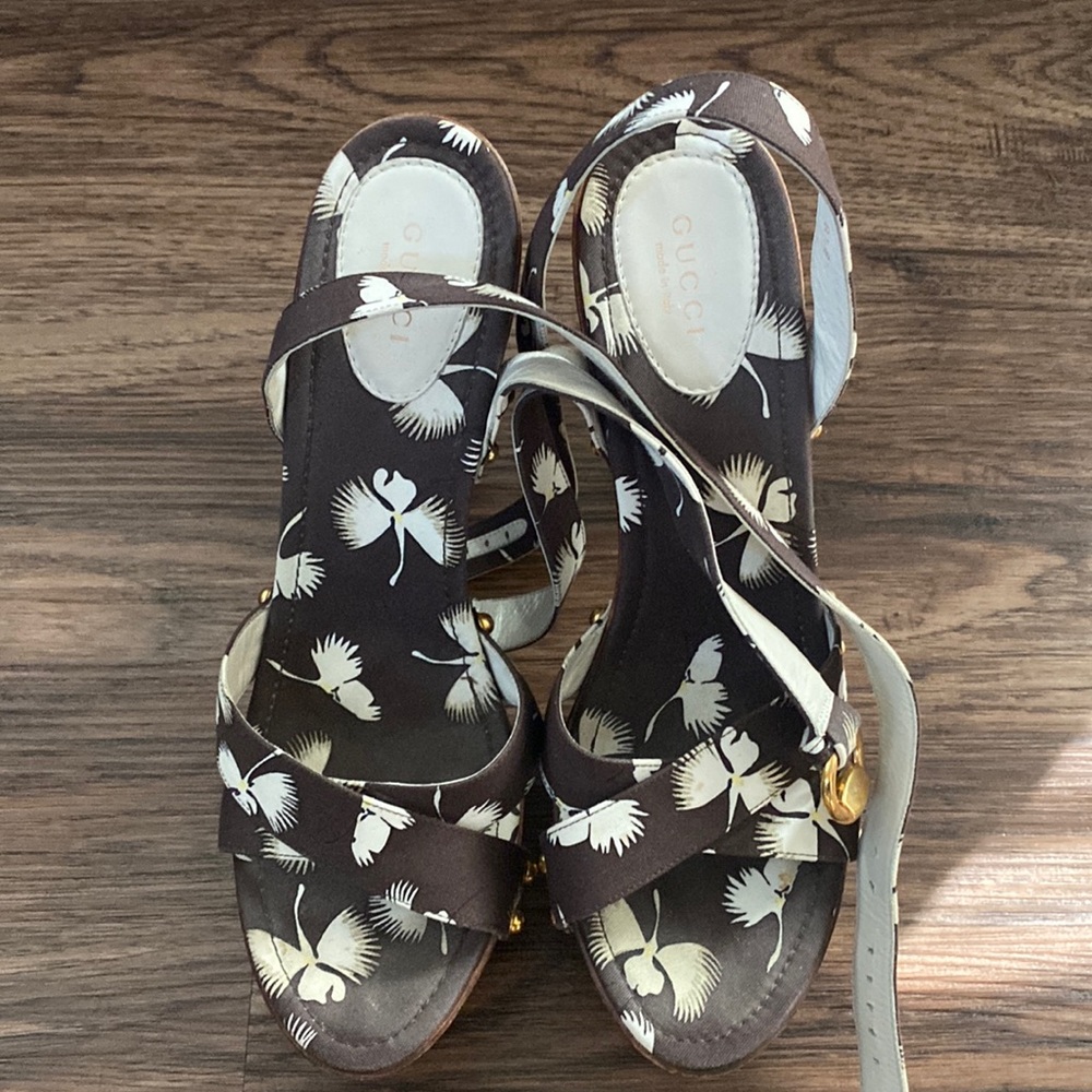 Gucci cloth sandals brown vintage authentic
